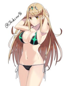 1girl bare_shoulders bikini black_bikini blonde_hair breasts cleavage commentary commission female_focus front-tie_bikini_top front-tie_top j@ck large_breasts long_hair looking_at_viewer mythra_(xenoblade) navel nintendo solo swimsuit tiara very_long_hair wristband xenoblade_chronicles_(series) xenoblade_chronicles_2 yellow_eyes