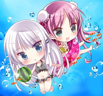 2girls :d air_bubble alternate_costume alternate_hairstyle asahina_yori ball barefoot beachball bikini black_bikini blank_eyes blue_eyes blush bubble chestnut_mouth chibi chibi_only commentary double_bun eyes_visible_through_hair floating_hair frilled_bikini frills full_body grey_eyes hair_between_eyes hair_bun halterneck happy highres holding holding_ball holding_beachball katou_umi knees_together_feet_apart long_hair looking_at_viewer multiple_girls naruse_shiroha navel open_mouth pink_hair smile stomach summer_pockets swimsuit underwater v very_long_hair watermelon_beachball white_hair yellow_bikini