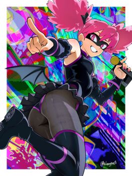 1girl absurdres ass black_boots black_leotard black_mask black_pantyhose black_skirt black_sleeves boku_no_hero_academia boots border breasts bright_pupils colorful_background commentary demon_wings detached_sleeves domino_mask earrings english_commentary eye_mask fingernails foot_out_of_frame grin haneyama_kazuho highres holding holding_microphone jewelry leotard long_fingernails looking_at_viewer low_wings mask medium_breasts microphone microskirt microsoft_windows neaghelly_stn outside_border outstretched_arm pantyhose pink_eyes pink_hair pink_nails pleated_skirt pointing purple_trim shoe_soles skirt smile solo sphere_earrings standing standing_on_one_leg superhero_costume thigh_boots twintails twitter_username vigilante_-boku_no_hero_academia:_illegals- white_border white_pupils wings