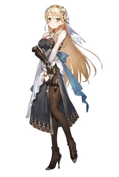 1girl absurdres asymmetrical_gloves atelier_(series) atelier_ryza atelier_ryza_3 black_dress black_gloves black_pantyhose black_shoes blonde_hair braid braided_bangs breasts brown_gloves brown_hairband closed_mouth clothing_cutout dress flower full_body gloves gold_choker green_eyes hair_between_eyes hair_flower hair_ornament hairband half_gloves high_heels higher_resolution_available highres klaudia_valentz long_hair looking_at_viewer medium_breasts official_art pantyhose pleated_dress shoes side_cutout simple_background smile solo standing thigh_strap toridamono white_background