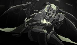 1girl ancient_greek_clothes arm_support arthropod_girl black_sclera bug chiton colored_sclera commentary english_commentary extra_arms grey_hair hair_over_one_eye highres holding holding_mask indie_virtual_youtuber insect insect_girl insect_wings juniper_(artist) juniper_actias long_hair mask moth moth_antennae moth_girl moth_wings sitting solo virtual_youtuber wings