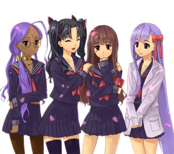 10s 4girls :d ^_^ ahoge bad_id bad_pixiv_id bindi black_hair black_legwear blush_stickers brown_eyes brown_hair brown_legwear closed_eyes dark-skinned_female dark_skin fate/extra fate/extra_ccc fate_(series) fujimo_ruru glasses grin hair_over_shoulder hair_ribbon hands_on_shoulders head_rest holding_own_arm jewelry kishinami_hakuno_(female) lab_coat long_hair matou_sakura matou_sakura_(fate/extra) multiple_girls neck_ring necklace open_mouth pantyhose petals pleated_skirt ponytail purple_eyes purple_hair rani_viii ribbon school_uniform serafuku skirt smile thighhighs tohsaka_rin two_side_up v_arms very_long_hair zettai_ryouiki