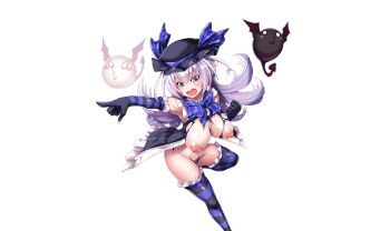 1girl 2others :3 :o asahi bat_wings black_panties blue_eyes blush bouncing_breasts breasts breasts_out creature curvy embarrassed fang fangs female_focus gloves hat huge_breasts jumping kuro_(taimanin_series) lilith-soft long_hair looking_at_viewer micro_panties miriam_(taimanin_asagi) moaning multiple_others navel nipples open_mouth panties pet pointy_ears puffy_nipples revealing_clothes shiny_skin shiro_(taimanin_series) solo surprised taimanin_(series) taimanin_rpgx thong torn_clothes torn_panties transparent_background underwear wardrobe_malfunction white_hair wide_hips wings