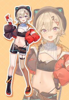 1girl animal_hat asymmetrical_footwear belt black_hat black_shorts blonde_hair blush boots brown_belt cat_hat commentary_request cropped_jacket earrings fangs fishnet_thighhighs fishnets full_body hair_ornament hairclip hat highres holding jacket jewelry komori_met komori_met_(5th_costume) looking_at_viewer mismatched_footwear navel open_clothes open_jacket open_mouth outline purple_eyes shoes shorts single_thighhigh solo thighhighs uneven_footwear virtual_youtuber vspo! white_outline yoshidadon zoom_layer