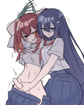 1futa 1girl blue_eyes blush clothes_lift futa_with_female futanari handjob heterochromia kyoshuyosrmik long_hair medium_hair multiple_girls open_mouth oumi_shiori penis red_eyes sailor saliva shirt_lift steam watashi_wo_tabetai_hitodenashi yashiro_miko yellow_eyes yuri