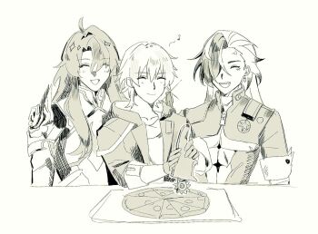 3boys ahoge anger_vein argenti_(honkai:_star_rail) armor bandana boothill_(honkai:_star_rail) boots bullet_earrings caelus_(honkai:_star_rail) closed_eyes closed_mouth collarbone cowboy_boots cyborg earrings false_smile food gloves gun hair_between_eyes hair_over_one_eye handgun hands_up holding holding_gun holding_shoes holding_weapon honkai:_star_rail honkai_(series) hood hooded_jacket jacket jewelry knight long_hair long_sleeves male_focus monochrome multicolored_hair multiple_boys musical_note no_headwear open_clothes open_jacket open_mouth pizza sharp_teeth sheriff_badge shirt short_hair shoulder_armor sidelocks simple_background smile standing t-shirt teeth trailblazer_(honkai:_star_rail) tray two-tone_hair unworn_shoes uouououofish weapon zipper