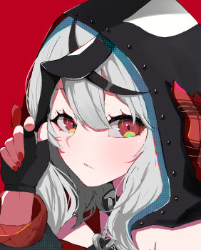 1girl absurdres animal_hood black_gloves black_hair gloves grey_hair highres hololive hood orca_hood panda_ring red_background red_eyes red_nails sakamata_chloe sakamata_chloe_(1st_costume) simple_background solo virtual_youtuber