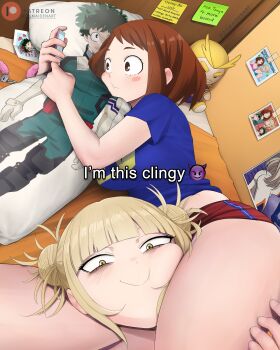 2girls absurdres all_might ass between_thighs blonde_hair blue_shirt blunt_bangs blush blush_stickers boku_no_hero_academia breasts brown_eyes brown_hair cellphone character_doll cheek_press commentary dakimakura_(object) demon_emoji dismaiden doll double_bun emoji english_commentary english_text fuzzy_handcuffs hair_bun head_between_thighs highres holding holding_phone i&#039;m_this_clingy_(meme) if_they_mated indoors large_breasts looking_at_phone looking_at_viewer lying meme midoriya_izuku mount_lady multiple_girls on_bed on_side paid_reward_available patreon_logo phone photo_(object) pillow red_shorts shirt short_sleeves shorts smartphone sticky_note thighs toga_himiko twitter_username uraraka_ochako yellow_eyes yuri