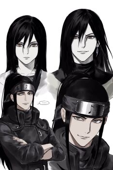 ... 2boys aged_down black_hair child disguise dual_persona earrings flak_jacket forehead_protector hair_between_eyes high_ponytail highres jacket jewelry long_hair looking_at_viewer multiple_boys naruto_(series) naruto_shippuuden orochimaru_(naruto) otogakure_symbol parted_lips ponytail sidelocks simple_background slit_pupils snake_boy spoken_ellipsis sso_s teeth white_background yellow_eyes