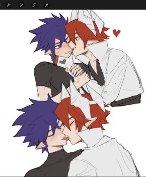 Rule 34 | 2boys, anger vein, aotu world, art program in frame, biting, biting another's lip, black gloves, black shirt, blush, closed eyes, cropped jacket, fingerless gloves, french kiss, gloves, goumao zhongdu aihaozhe, hair between eyes, hand on another's chin, headgear, heart, high collar, highres, holding another's arm, holding another's wrist, jacket, kiss, letterboxed, licking, licking another's face, long sleeves, looking at another, male focus, multicolored gloves, multiple boys, one eye closed, open mouth, pius (aotu world), pointy ears, purple eyes, purple hair, ray (aotu world), red eyes, red hair, sharp teeth, shirt, short hair, simple background, spiked hair, sweat, teeth, tongue, tongue out, turtleneck, v-neck, white background, white gloves, white jacket, yaoi