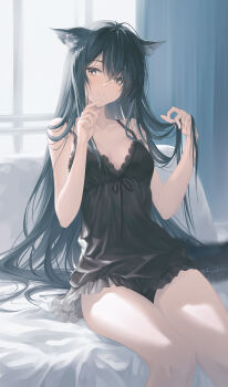 1girl absurdres alternate_costume animal_ear_fluff animal_ears arknights babydoll black_babydoll black_hair breasts chinese_commentary cleavage commentary cowboy_shot day ebonvow english_commentary engrish_commentary hair_between_eyes hair_lift hand_on_own_chin highres indoors lace_trim large_breasts lingerie long_hair looking_at_viewer mixed-language_commentary parted_lips sitting solo sunlight texas_(arknights) underwear wolf_ears wolf_girl yellow_eyes