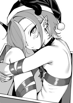 1boy box christmas commentary_request expressionless greyscale hat highres horns in_box in_container looking_at_viewer monochrome naked_ribbon otosama pointy_ears ribbon santa_hat senki_survival_saga_-_isekai_no_unmei_wo_kaketa_mujintou_fujun_iseikouyuu solo trap
