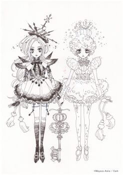 2girls anno_moyoco artist_name chocolat_meilleure commentary_request crown dress earrings full_body greyscale highres holding_hands jewelry looking_at_viewer monochrome multiple_girls ponytail puffy_short_sleeves puffy_sleeves short_hair short_sleeves sugar_sugar_rune thighhighs vanilla_mieux