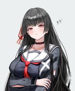 1girl absurdres arm_cutout black_choker black_hair black_jacket black_shirt breasts chisa_(wuthering_waves) choker closed_mouth clothing_cutout collarbone commentary english_commentary grey_background hair_ribbon highres holding_own_arm jacket large_breasts long_hair long_sleeves looking_at_viewer mole mole_under_eye neckerchief red_eyes red_neckerchief red_ribbon ribbon sailor_collar shiraitoart983 shirt simple_background solo translation_request upper_body white_sailor_collar wuthering_waves