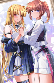 Rule 34 | 2girls, blonde hair, breasts, closed mouth, commentary request, dress, fate testarossa, highres, holding hands, interlocked fingers, large breasts, long hair, looking at viewer, lyrical nanoha, mahou shoujo lyrical nanoha exceeds: gun blaze vengeance, multiple girls, orange hair, purple eyes, red eyes, side ponytail, smile, sougetsu izuki, takamachi nanoha, very long hair