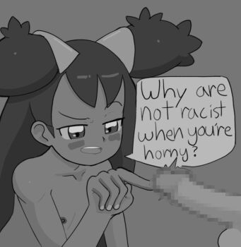 1girl blush blush_stickers censored dark-skinned_female dark_skin ears english_text engrish engrish_text erection eyebrows flat_chest frown grey_background greyscale hetero interracial iris_(pokemon) loli long_hair looking_at_penis meme monochrome mosaic_censoring nintendo nipples open_mouth penis pokemon pokemon_bw poking_penis ranguage rommi simple_background small_areolae small_nipples speech_bubble teeth topless_frame very_long_hair