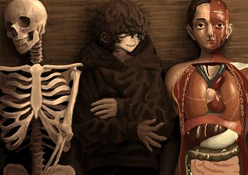 1boy a3dyqtlpqjcuqvs absurdres anatomical_model black_hair black_hoodie blood bloodshot_eyes commission commissioner_upload grin highres hood hoodie looking_to_the_side male_focus mismatched_pupils non-web_source nosebleed original saliva sharp_teeth skeb_commission skeleton smile stitched_neck stitches teeth wavy_hair zombie