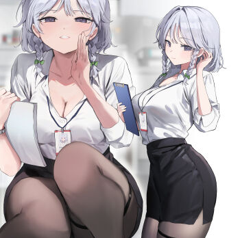 1girl absurdres adjusting_hair alternate_costume black_skirt blush bow braid braided_sidelocks breasts brown_pantyhose buttons cleavage clipboard closed_mouth collarbone collared_shirt commentary cowboy_shot from_side green_bow grey_eyes grey_hair hair_bow hair_intakes hand_up high-waist_skirt highres holding holding_clipboard holding_paper id_card izayoi_sakuya large_breasts light_smile looking_at_viewer multiple_views office_lady pantyhose paper parted_lips partially_unbuttoned pencil_skirt sarukana shirt shirt_tucked_in short_hair side_slit skirt sleeves_rolled_up smile squatting standing thigh_strap touhou white_shirt