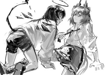 2girls absurdres arknights breasts closed_mouth clothes_grab eudaemonm fiammetta_(arknights) greyscale hair_between_eyes head_wings highres horns kneeling long_hair medium_breasts monochrome mostima_(arknights) multiple_girls necktie necktie_grab neckwear_grab open_clothes open_mouth open_shirt shirt shorts wings yuri