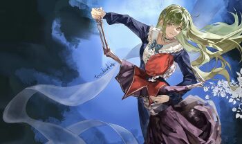 Rule 34 | 1girl, absurdres, bang dream!, bang dream! it's mygo!!!!!, black choker, blue bow, blue bowtie, blue dress, bow, bowtie, chinese commentary, choker, commentary request, dancing, dress, frilled choker, frills, green hair, hair ornament, hairclip, highres, long hair, long sleeves, mortis (bang dream!), mortis (costume) (bang dream!), parted lips, skeleton, wakaba mutsumi, wu fuzuoyong, yellow eyes