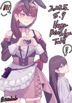 1girl absurdres animal_ears apron bang_dream! bang_dream!_it&#039;s_mygo!!!!! black_choker blush brown_hair choker closed_mouth commentary_request dated detached_sleeves earrings fake_animal_ears happy_birthday heart heart_hands highres jewelry long_hair long_sleeves mole mole_under_eye multiple_views partial_commentary pink_skirt purple_eyes rabbit_ears rushinada shiina_taki simple_background skirt spoken_blush white_apron white_background