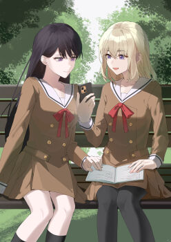 Rule 34 | 2girls, absurdres, artist request, bang dream!, bang dream! it's mygo!!!!!, bench, black hair, black pantyhose, black socks, brown dress, cellphone, chinese commentary, closed mouth, commentary request, dress, hair between eyes, hanasakigawa school uniform, highres, holding, holding phone, kneehighs, long hair, long sleeves, medium hair, misumi uika, mole, mole under eye, multiple girls, neck ribbon, notebook, open mouth, pantyhose, phone, pleated dress, purple eyes, red ribbon, ribbon, sailor collar, sailor dress, school uniform, second-party source, shiina taki, sitting, smartphone, socks, white sailor collar