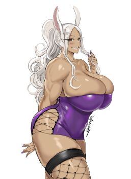 1girl animal_ears arm_behind_back biceps blush boku_no_hero_academia breasts brown_eyes cleavage covered_navel curvy dark-skinned_female dark_skin dress fishnet_thighhighs fishnets from_side high_ponytail huge_breasts lips long_hair minidress mirko muscular muscular_female ponytail purple_dress purple_nails rabbit_ears rabbit_girl shibusun skindentation smile solo standing strapless strapless_dress thick_thighs thighhighs thighs wavy_hair white_background white_hair