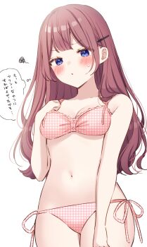 1girl :o absurdres bikini blue_eyes blush breasts brown_hair commentary_request cowboy_shot hair_ornament hairclip hand_on_own_chest highres long_hair original parted_lips pink_bikini side-tie_bikini_bottom simamura_hibari simple_background small_breasts solo speech_bubble squiggle sweatdrop swimsuit thought_bubble translation_request unmoving_pattern wavy_hair white_background