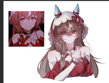 0m1lktea 1girl animal_ears breasts clenched_hand closed_mouth collarbone commentary_request detached_sleeves hair_between_eyes hair_ornament horse_ears horse_girl korean_commentary looking_at_viewer portrait red_eyes scene_reference simple_background small_breasts smile solo still_in_love_(umamusume) umamusume veil white_background