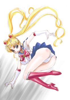 1girl ass bishoujo_senshi_sailor_moon blonde_hair blue_sailor_collar boots breasts choker clothes_lift large_breasts leotard long_hair red_choker sailor_collar sailor_moon sailor_senshi sailor_senshi_uniform skirt skirt_lift thighs tsukino_usagi twintails xopc