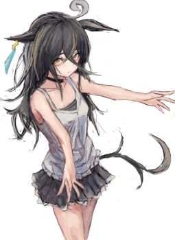 1girl ahoge animal_ears bare_shoulders black_choker black_hair breasts choker closed_mouth collarbone commentary_request ear_tag earrings grey_skirt hair_between_eyes horse_ears horse_girl horse_tail jewelry long_bangs long_hair long_hair_between_eyes looking_at_viewer manhattan_cafe_(umamusume) multicolored_hair outstretched_arms simple_background single_earring skirt small_breasts solo tail tank_top umamusume white_background white_hair white_tank_top yanagi_wakana yellow_eyes