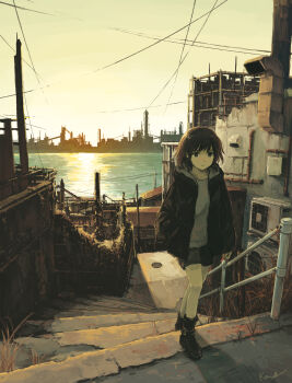 1girl ankle_boots black_boots black_hair black_jacket black_shorts blue_eyes boots building commentary_request condenser_unit evening grey_shirt hand_in_pocket highres jacket kensight328 long_sleeves looking_at_viewer md5_mismatch medium_hair open_clothes open_jacket original outdoors paid_reward_available power_lines railing resolution_mismatch ruins scenery shirt shorts signature solo source_larger stairs utility_pole walking water