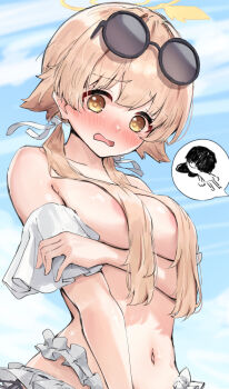 1girl akasaki_koyo areola_slip arm_under_breasts aroused_nosebleed bare_shoulders bikini bikini_bottom_only blood blue_archive blush breasts brown_eyes brown_hair collarbone commentary_request convenient_censoring day doodle_sensei_(blue_archive) embarrassed eyewear_on_head frilled_bikini frills furrowed_brow hair_between_eyes hair_censor hair_over_breasts hair_ribbon halo hand_up hifumi_(blue_archive) hifumi_(swimsuit)_(blue_archive) highres holding_own_arm long_hair low_twintails medium_breasts navel nose_blush nosebleed official_alternate_costume open_mouth outdoors pool_of_blood ribbon ribbon-trimmed_bikini ribbon_trim round_eyewear sensei_(blue_archive) sideboob solo speech_bubble spoken_character stomach sunglasses swimsuit tareme topless_female twintails upper_body wavy_mouth white_bikini white_ribbon winged_halo yellow_halo