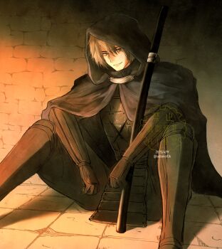 Rule 34 | 1boy, armor, artist name, black hood, blade &amp; bastard, cloak, commentary request, dated, green eyes, grey hair, hair between eyes, highres, hood, hooded cloak, iarumas (blade &amp; bastard), knees up, looking at viewer, male focus, parted lips, sheath, sheathed, short hair, sitting, smile, solo, subako, twitter username, wizardry