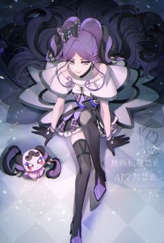 1girl artist_name bare_arms bare_shoulders black_gloves black_hair black_socks boots braid bubble_skirt cure_kiss dress earrings frilled_dress frilled_ribbon frills gingham_dress gloves gradient_hair hair_ribbon hair_tie half_gloves hand_on_ground heart-shaped_lock high_heels jewelry kimi_to_idol_precure knee_boots kneehighs long_hair looking_up meroron_(civilian)_(precure) meroron_(fairy)_(precure) meroron_(precure) multicolored_hair multiple_earrings nimokakunimoto off_shoulder parted_bangs patterned pink_hair precure puffy_dress puffy_short_sleeves puffy_sleeves purple_dress purple_eyes ribbon short_dress short_sleeves signature sitting skirt smirk socks solo solo_focus stuffed_animal stuffed_toy twin_braids twintails twitter_username very_long_hair watermark