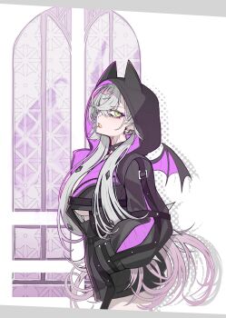 1girl absurdres black_jacket body_markings breasts candy choker commentary crossed_bangs demon_girl demon_horns demon_wings discat ear_piercing english_commentary eyeliner fate/grand_order fate_(series) food green_eyes grey_hair hair_between_eyes highres hood horns jacket large_breasts lilith_(fate) lilith_(first_ascension)_(fate) lollipop lollipop_in_mouth long_hair long_sleeves looking_at_viewer low_twintails makeup mouth_hold open_mouth piercing revision solo thighs twintails wings