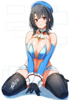 1girl adapted_costume ayuman beret bikini black_gloves black_hair black_thighhighs blue_bikini blue_gloves blue_hat breasts commentary_request detached_collar detached_sleeves gloves hat highres huge_breasts kantai_collection looking_at_viewer navel neckerchief red_eyes short_hair simple_background sitting solo swimsuit takao_(kancolle) thighhighs wariza white_background