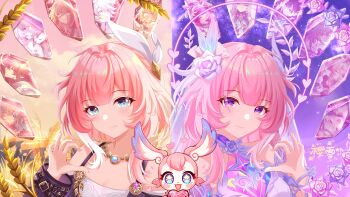 2girls absurdres aglaea_(honkai:_star_rail) anaxa_(honkai:_star_rail) bare_shoulders blue_eyes breasts bridal_veil castorice_(honkai:_star_rail) cerydra_(honkai:_star_rail) chrysos_heirs_(honkai:_star_rail) cipher_(honkai:_star_rail) coat crystal_shards cyrene_(demiurge)_(honkai:_star_rail) cyrene_(honkai:_star_rail) cyrene_(philia093)_(honkai:_star_rail) dan_heng_(honkai:_star_rail) dan_heng_(permansor_terrae)_(honkai:_star_rail) diamond-shaped_pupils diamond_(shape) dress dual_persona evernight_(honkai:_star_rail) flower hair_flower hair_ornament half-heart_hands halo highres honkai:_star_rail honkai_(series) hyacine_(honkai:_star_rail) hysilens_(honkai:_star_rail) jewelry long_hair looking_at_viewer march_7th_(honkai:_star_rail) medium_breasts mem_(honkai:_star_rail) multiple_girls mydei_(honkai:_star_rail) necklace phainon_(honkai:_star_rail) phainon_(khaslana)_(honkai:_star_rail) pink_hair pink_sky purple_coat purple_eyes purple_sky sky small_breasts smile symbol-shaped_pupils tribbie_(honkai:_star_rail) veil very_long_hair wheat white_dress zhui_ming_ying_xue