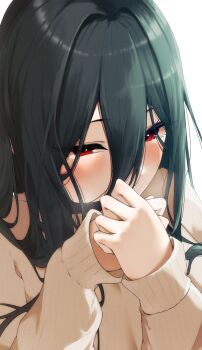 1girl absurdres azur_lane black_hair blush commentary_request francesco_caracciolo_(azur_lane) francesco_caracciolo_(confession_under_the_spotlight)_(azur_lane) hands_up highres long_bangs long_sleeves looking_at_viewer nonokuro_no96 official_alternate_costume red_eyes solo sweater white_sweater