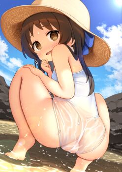 ! 1girl @_@ adversarial_noise ass barefoot blue_bow blue_sky bow breasts brown_eyes brown_hair brown_hat cameltoe cedar_(cedar_japonica) cloud commentary_request competition_school_swimsuit day from_behind hair_bow hat idolmaster idolmaster_cinderella_girls loli long_hair looking_at_viewer looking_back one-piece_swimsuit open_mouth outdoors paid_reward_available school_swimsuit see-through_clothes see-through_one-piece_swimsuit sky small_breasts smile solo squatting sun_hat swimsuit tachibana_arisu tiptoes variant_set wavy_mouth white_one-piece_swimsuit