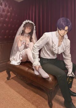 1girl absurdres bare_shoulders bdsm breasts bridal_veil bride brown_eyes brown_hair commentary_request dress elbow_gloves feet gloves highres lace lace-trimmed_dress lace-trimmed_thighhighs lace_trim long_hair looking_at_viewer original panties strapless strapless_dress thighhighs underwear veil wedding_dress white_dress white_gloves white_panties white_thighhighs yewang19 yu_xuan_(yewang19) zettai_ryouiki