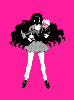 Rule 34 | 1boy, 1girl, absurdres, black hair, blush, carrying, commentary request, covering face, covering own eyes, diamond wa kudakenai, full-face blush, full body, gakuran, greyscale with colored background, hetero, highres, hirose koichi, jojo no kimyou na bouken, loafers, long hair, looking at viewer, pink background, pink eyes, pleated skirt, princess carry, rr8560, school uniform, serafuku, shaded face, shoes, short hair, short sleeves, skirt, socks, spot color, sweat, very long hair, yamagishi yukako