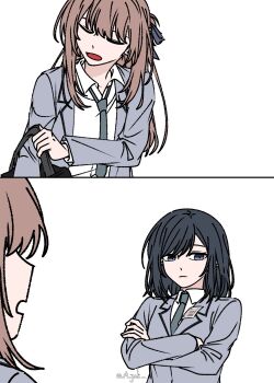 2girls a_jak black_hair blue_eyes brown_hair crossed_arms grey_jacket grey_necktie highres jacket long_hair medium_hair miyagi_shiori money multiple_girls necktie open_clothes open_jacket sendai_hazuki shuuniichido_classmate_wo_kau_hanashi simple_background tucked_money white_background