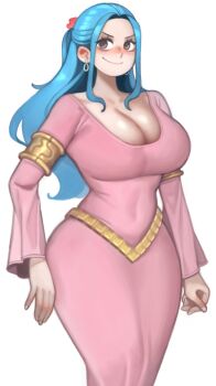 armband ass belt blue_hair breasts cleavage curvy dress earrings gold gold_armband gold_belt jewelry kelvin_hiu large_breasts nefertari_vivi one_piece pink_dress sidelocks smile thick_thighs thighs
