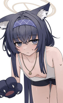 1girl absurdres animal_ear_fluff animal_ears animal_hands black_shorts blue_archive blue_hair blue_hairband breasts cat_ears commentary gloves grey_halo guwall hairband halo highres jewelry leaning_forward long_hair looking_at_viewer necklace paw_gloves shirt shorts simple_background small_breasts solo sweat sweatdrop thighs ui_(blue_archive) very_long_hair white_background white_shirt