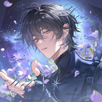 Rule 34 | 1boy, absurdres, black hair, chain, crossed bangs, earrings, eyelashes, falling petals, fingerless gloves, fingernails, flower, gloves, hair between eyes, highres, jewelry, looking at viewer, male focus, mole, mole under eye, night, night sky, open hand, original, outdoors, parted lips, petals, purple flower, purple petals, short hair, single earring, sky, solo, turtleneck, upper body, watermark, xuan xuan xuan za, yellow eyes
