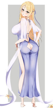 1girl absurdres ass ass_focus atelier_(series) atelier_ryza atelier_ryza_2 azur_lane barefoot blonde_hair blue_dress blush braid breasts dress feet flower full_body green_eyes highres kana_(wucz8478) klaudia_valentz klaudia_valentz_(bedtime_memories) large_breasts legs long_hair looking_at_viewer see-through_clothes see-through_sleeves short_sleeves side-tie_skirt simple_background solo very_long_hair