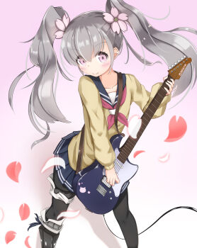 Rule 34 | 1girl, blue skirt, cherry blossoms, commentary request, flower, grey hair, guitar, hair flower, hair ornament, highres, holding, holding guitar, holding instrument, instrument, kazehaya sakura, long hair, long sleeves, looking at viewer, music, neckerchief, nyanko daisensou, pink background, pink eyes, pink flower, pink neckerchief, playing instrument, pleated skirt, sailor collar, school uniform, simple background, skirt, smile, solo, twin-7646, twintails
