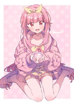Rule 34 | 1girl, :d, blunt bangs, blush, border, braid, cable knit, commentary request, cup, fingernails, footwear ribbon, frilled shirt, frills, hairband, highres, holding, holding cup, hood, hooded sweater, jewelry, long hair, looking at viewer, magia record: mahou shoujo madoka magica gaiden, mahou shoujo madoka magica, open mouth, outside border, pink background, pink ribbon, pink slippers, pink sweater, polka dot, polka dot background, polka dot footwear, polka dot hairband, polka dot shirt, polka dot shorts, ribbon, ring, serizawa serizane, shirt, shorts, side braids, sidelocks, sitting, sleeveless, sleeveless shirt, slippers, smile, solo, spaghetti strap, sweater, tamaki iroha, tamaki iroha (roomwear costume), twitter username, very long hair, wariza, white border, yellow hairband, yellow shirt, yellow shorts