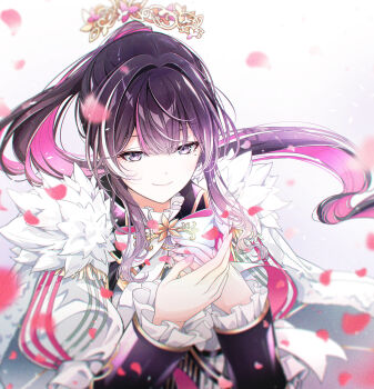 1girl azki_(hololive) azki_(prima_diva)_(hololive) black_corset black_hair cape center_frills closed_mouth colored_inner_hair commentary_request corset crown double-parted_bangs epaulettes falling_petals floating_crown floating_hair frilled_sleeves frills fur-trimmed_cape fur_trim hair_intakes highres hololive juliet_sleeves long_hair long_sleeves mole mole_under_eye multicolored_hair muto_(n0sug4r) official_alternate_costume official_alternate_hairstyle petals pink_hair pink_streaks ponytail puffy_sleeves purple_eyes shirt sidelocks simple_background smile solo very_long_hair virtual_youtuber white_background white_cape white_shirt white_streaks